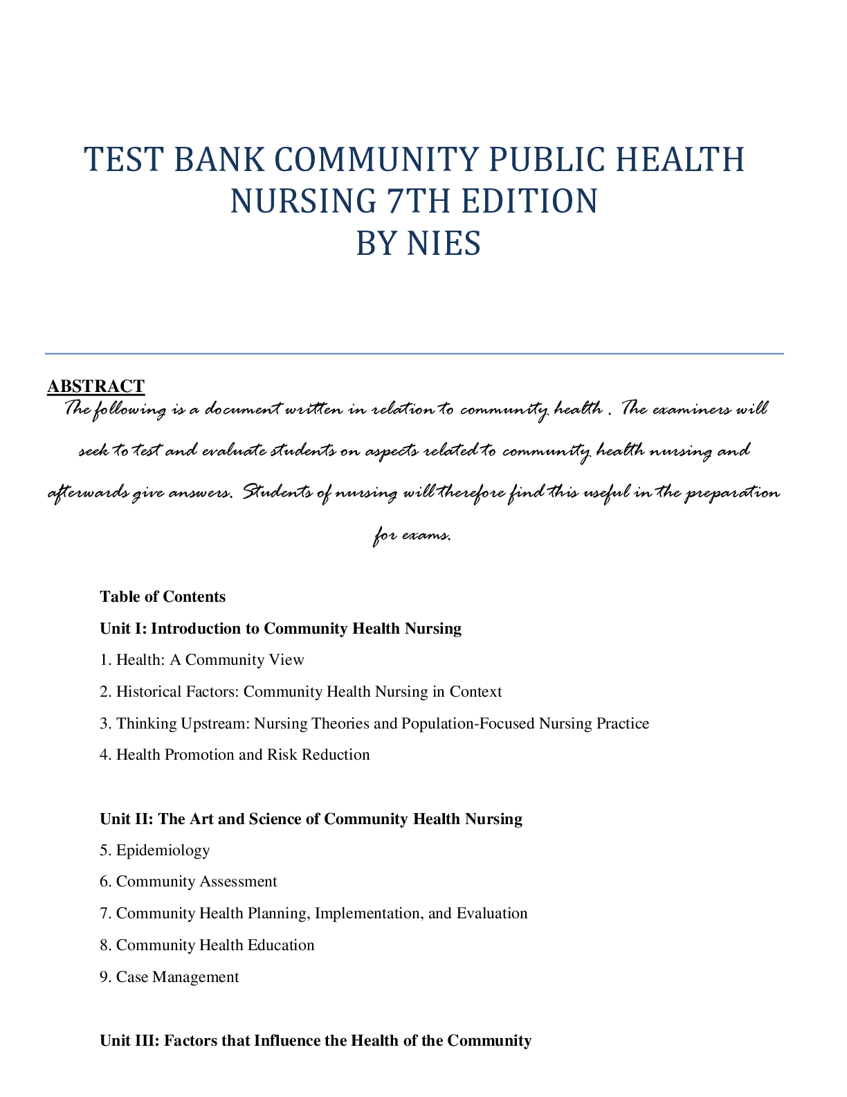 Preview image for Test Bank Community Public Health Nursing 7th Edition By Nies 1-2-329